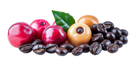 coffee beans and cherries isolated on white background.
