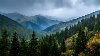 Serene Mountain Landscape Under Cloudy Sky with Lush Green Trees