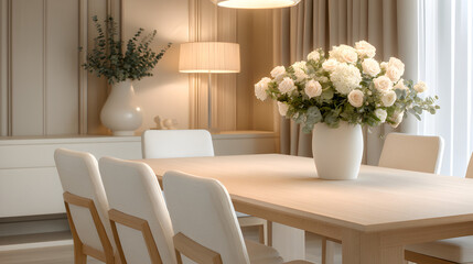 A modern white dining room with pale wood chairs, soft beige textiles, and a pastel flower centerpiece, ambient side lighting with shallow depth of field 20650959 2