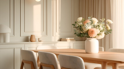 A modern white dining room with pale wood chairs, soft beige textiles, and a pastel flower centerpiece, ambient side lighting with shallow depth of field 31019577 3