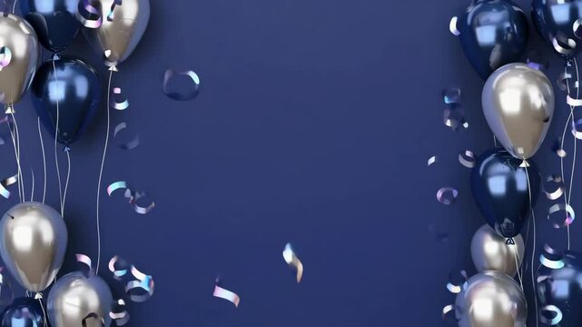 Metallic blue and gold balloons with falling confetti on navy backdrop framing copy space, celebration party footage