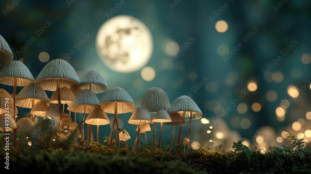 Poster glowing mushrooms under moonlight in a magical forest, symbolizing enchantment and mystical explorat