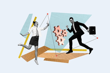 Creative trend collage of people stand on blue background with 3d cog gear wheel