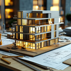 Modern mini architectural model of a luxury house with glass walls and warm lighting, displayed on a desk with blueprints and design tools. Realestate background.