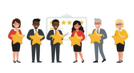 Obraz premium A group of diverse professionals holding stars, celebrating achievements or ratings.
