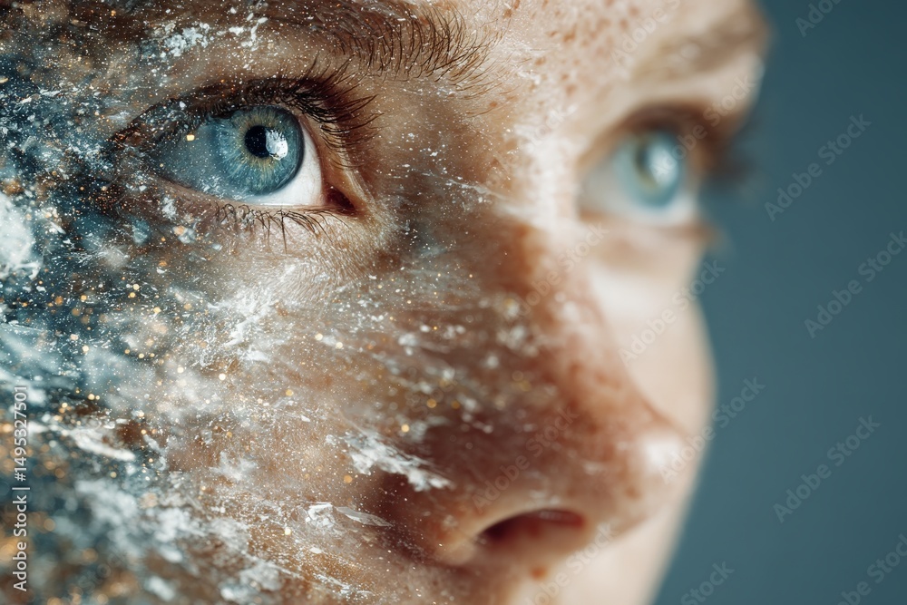 Poster close-up view of a woman's face with sparkling textures reflecting emotions and thoughts in an artis