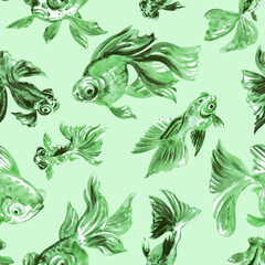 Seamless pattern with veiltail and telescope fish in green tones, watercolor illustration, print for fabric and other surfaces.