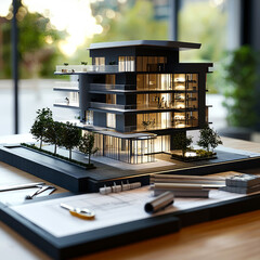 Modern mini architectural model of a luxury house with glass walls and warm lighting, displayed on a desk with blueprints and design tools. Realestate background.