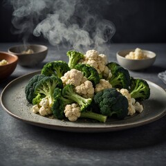 "A close-up shot of freshly steamed broccoli and cauliflower florets on a ceramic plate, soft steam rising, minimal background with a focus on texture and natural colors"