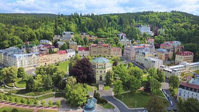 Marianske Lazne (Marienbad) - aerial drone view of the great european spa town &ndash; sunny day - flights from Goethe Square towards the main avenue &ndash; part 2