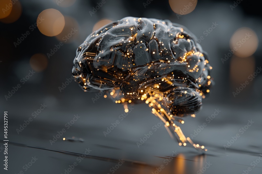 Leinwandbilder Artificial brain model with glowing neural connections in a dark ambient setting