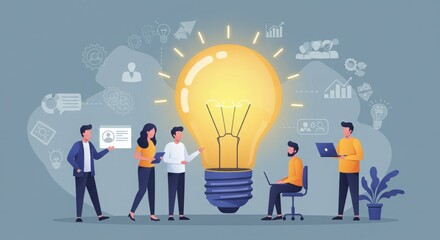 A group of people collaborating around a light bulb symbolizing ideas and innovation.