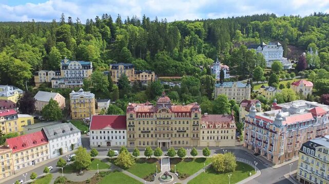 Marianske Lazne (Marienbad) - aerial drone view of the great european spa town &ndash; sunny day - flights from Goethe Square towards the main avenue &ndash; part 1