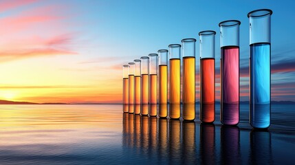 Sunset Science: Colorful Test Tubes at the Seashore