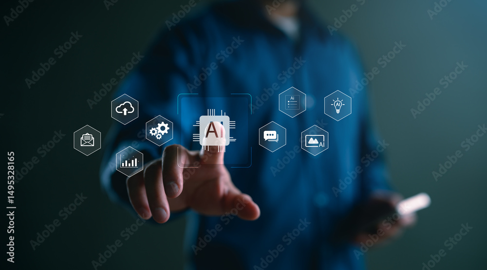 Poster artificial intelligence technology concept with businessman interacting with ai interface. digital t