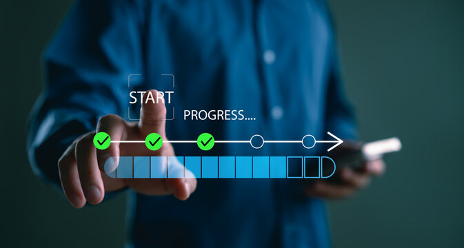 Business process progress concept with hand touching virtual timeline interface. Ideal for workflow, startup, strategy, planning, productivity, and project management themes.