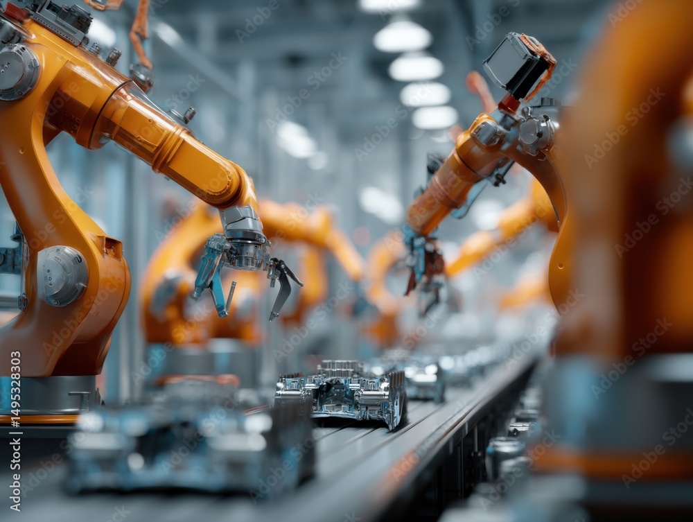 Poster automated car assembly line with robotic arms, illustrating industrial innovation and manufacturing 