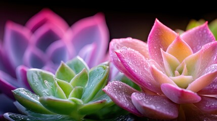 Close-up of vibrant succulents with water droplets, showcasing their colors and textures