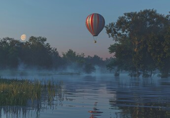 Obraz premium Photorealistic hot air balloon with blue-red stripes floating over moonlit water at night. Foggy atmosphere with perfect reflection on calm surface.