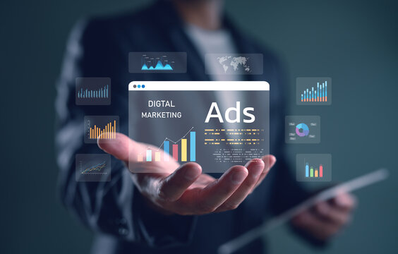 Digital marketing ads concept showing a businessman with floating analytics and advertising dashboard. Perfect for online advertising, social media strategy, SEO, PPC, and growth campaigns.
