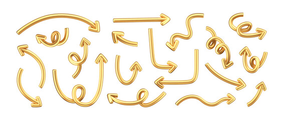 3D gold doodle arrow set in Y2K style, isolated on a dark background. Render of 3D golden liquid curve and swirl arrows, rotating up, down, and right with metal shine effect. 3D vector Y2K figure