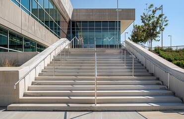 Modern architectural building with concrete stairs and metal handrail leading to entrance against blue sky background