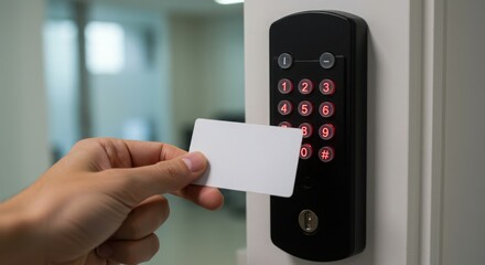 A hand holds a card near a keypad for access control.