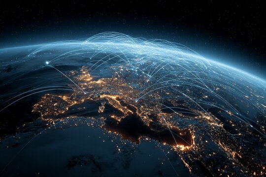 European cities illuminated at night with light trails connecting major locations across the continent