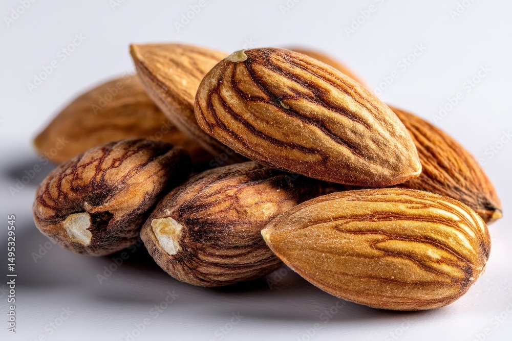 Aufkleber Close-up view of natural brown almonds showcasing unique patterns and textures on a white background