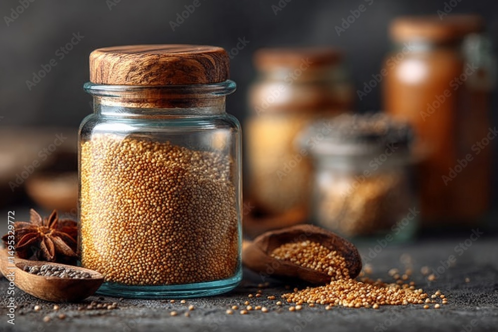 Poster Spices and seeds in clear jars arranged on a rustic table showcasing their rich textures and colors under soft lighting