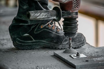 Bauarbeiter verschraubt Platten auf einem Gerüst