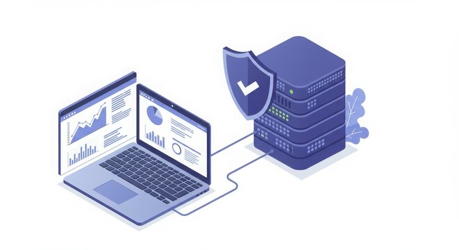 A laptop connected to a secure server, displaying data analytics and security features.