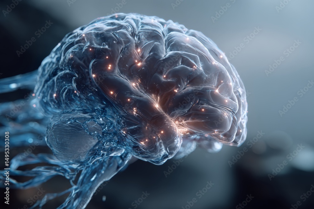 Fototapete visual representation of a translucent brain surrounded by luminous connections depicting neural act