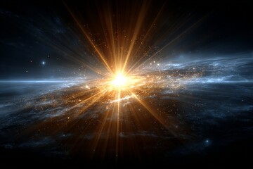 Bright explosion of light in a cosmic scene featuring stars and galaxies in the vast universe