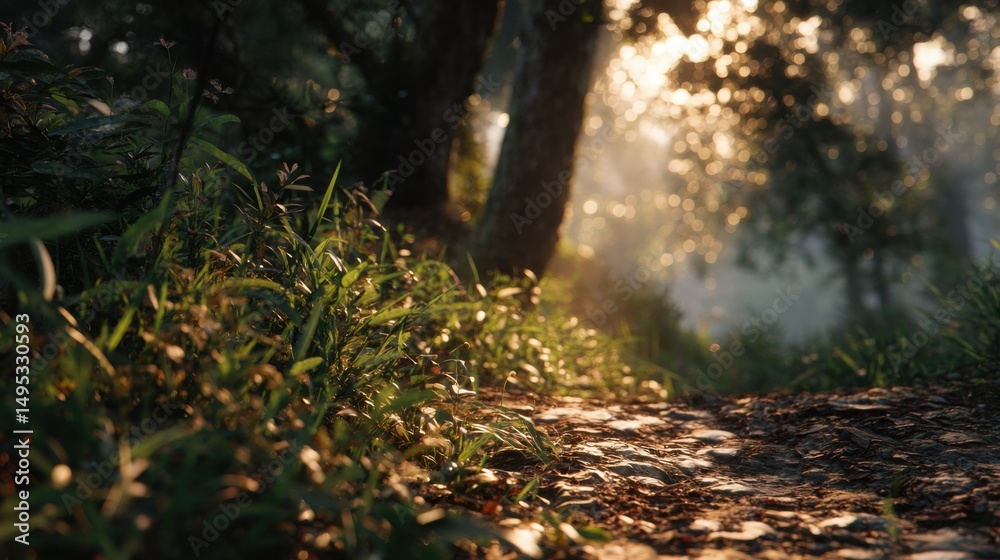 Poster sunlit forest path at dawn, inspiring serenity and a connection to nature for wellness retreats and 