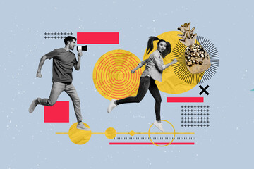 Poster banner collage of person on blue color background with gold pineaple fruit