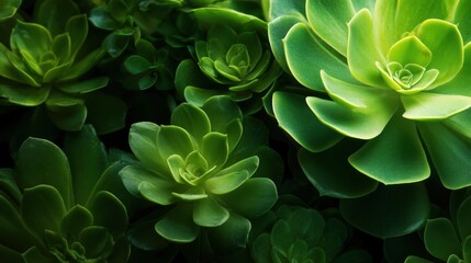Lush green succulents thriving in a dark background, showcasing vibrant textures and shapes
