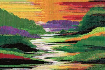 Colorful abstract landscape at sunset with flowing river and vibrant green hills