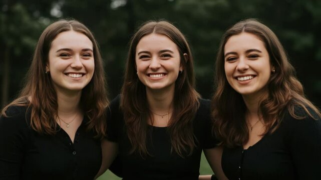 Identical triplets laugh together, enjoying their bond