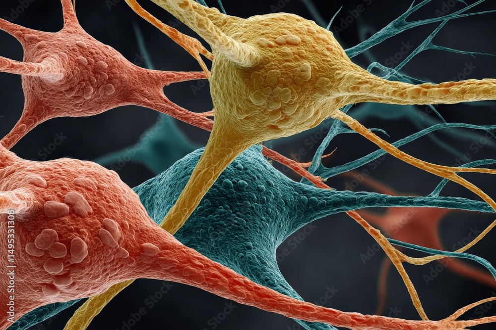 Poster Neurons interacting in a colorful representation of brain activity revealing intricate neural pathways and connections