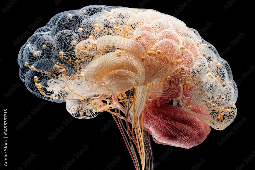 Poster colorful representation of a human brain with intricate neural connections showcased against a dark 