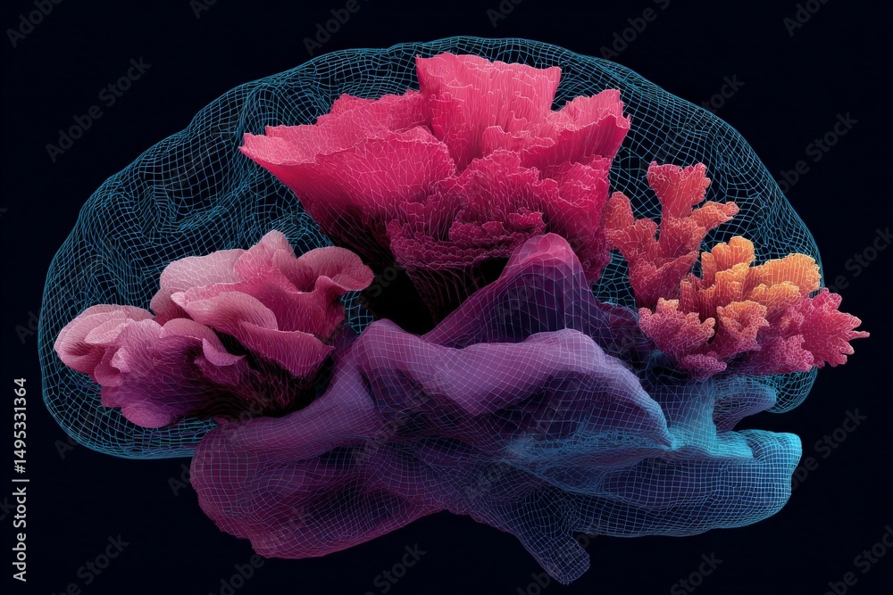 Poster colorful coral formations resembling the structure of a human brain in abstract design
