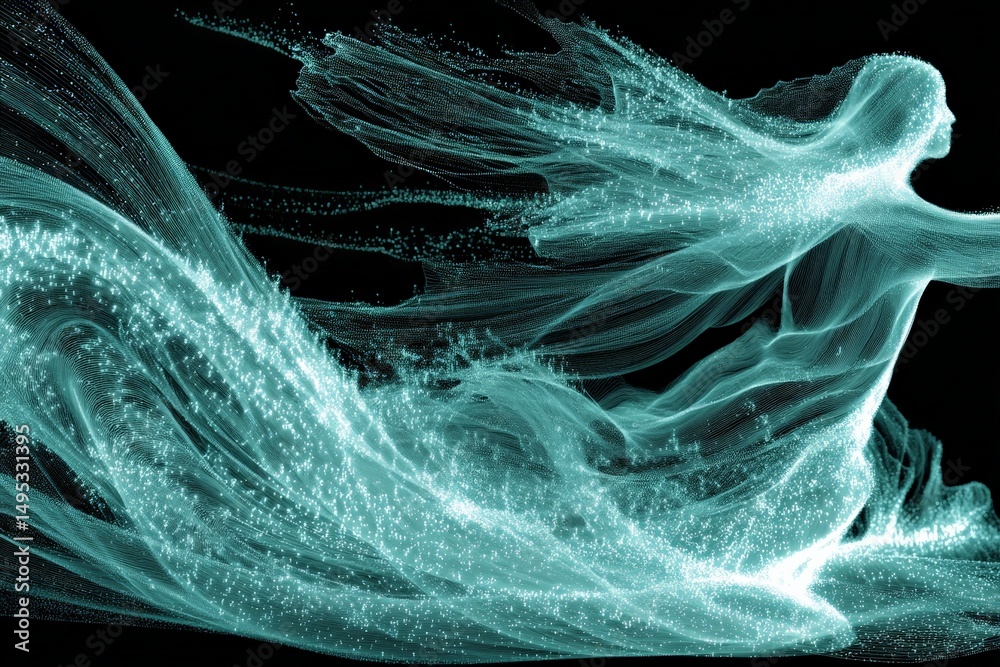 Poster ethereal figure emerging from glowing particles in a mystical, dark environment
