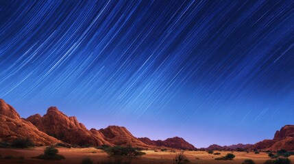 Star trails illuminate a desert landscape with rocky formations under a twilight sky