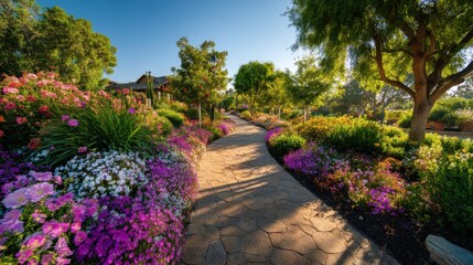 Obraz premium Stone Path Through Lush Flower Garden on Sunny Day, Showcasing Serenity and Outdoor Recreation for Wellness Retreats and Landscape Design Inspiration : Generative AI