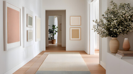 Fototapeta premium A light-filled hallway with white walls, minimal beige art frames, and a soft pastel runner rug, shot front-on with even lighting 59873104 2