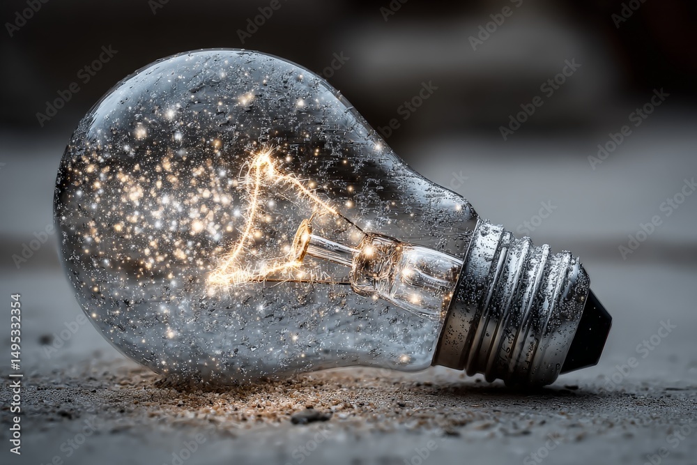 Leinwandbilder Unique light bulb with sparkling elements lies on a textured surface during a bright daylight setting