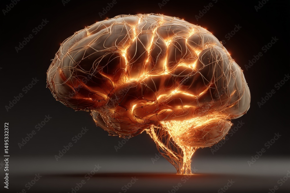 Leinwandbilder Brain illuminated with glowing neural connections in a dark setting, showcasing intricate networks of thought and intelligence