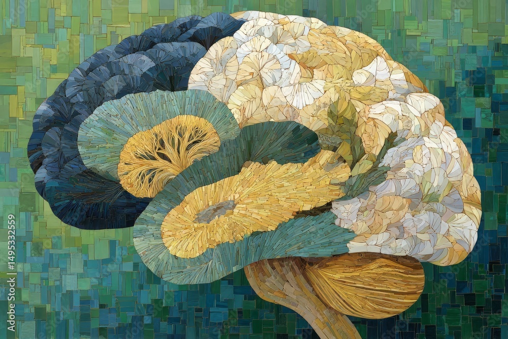 Aufkleber artistic representation of a brain using floral elements and vibrant colors in a contemporary style