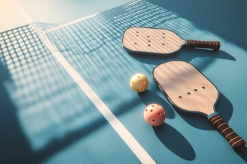 pickleballPickleball paddles and balls on court
